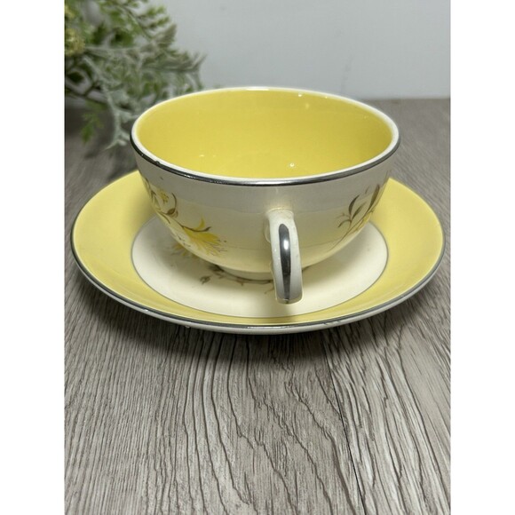 Vintage Homer Laughlin Rhythm Maytime Teacup & Saucer Yellow Band Grey Flowers - Picture 4 of 9